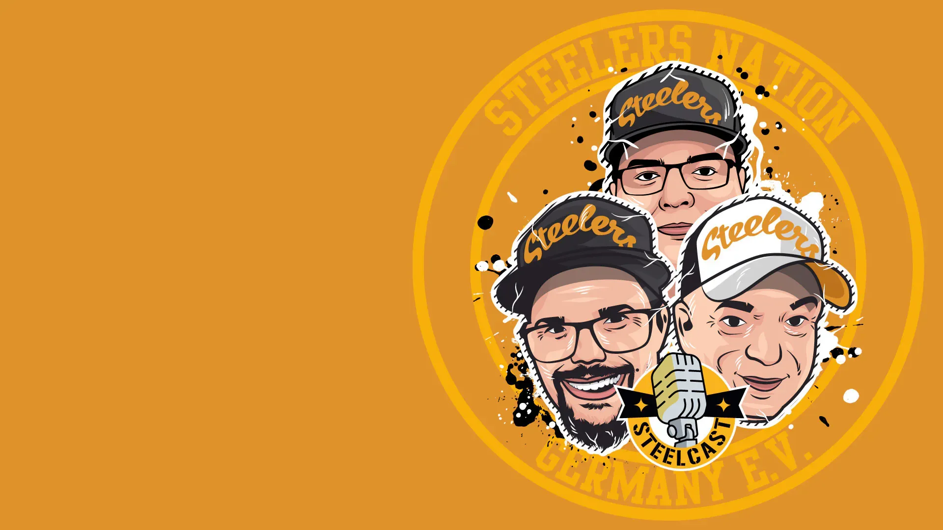 Die Steelcast-Hosts als Illustration mit Steelers-Caps und Mikrofon vor dem Wappen der Steelers Nation Germany e.V.